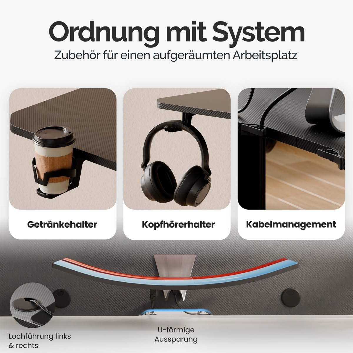 Casaria® Höhenverstellbarer Schreibtisch 160x75 cm elektrisch mit Kopfhörerhalter Tassenhalter Modern Büro Gaming PC Computer Tisch Schwarz Carbon-Optik