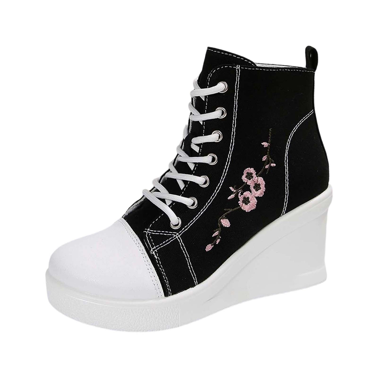 Scarpe da ginnastica in tela da donna e uomo, con lacci, stile vintage, con tacco spesso 8 cm, ricamo floreale, con zeppa