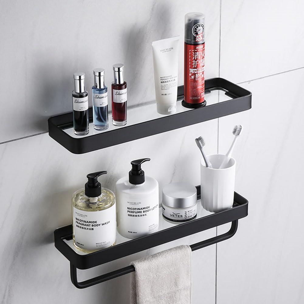 20Inches Bathroom Shelves, Wall Mounted Glass Shelf for Floating Shelf Tempered Glass Shelves 2 Tier Bathroom Wall Organizer(Matte Black)