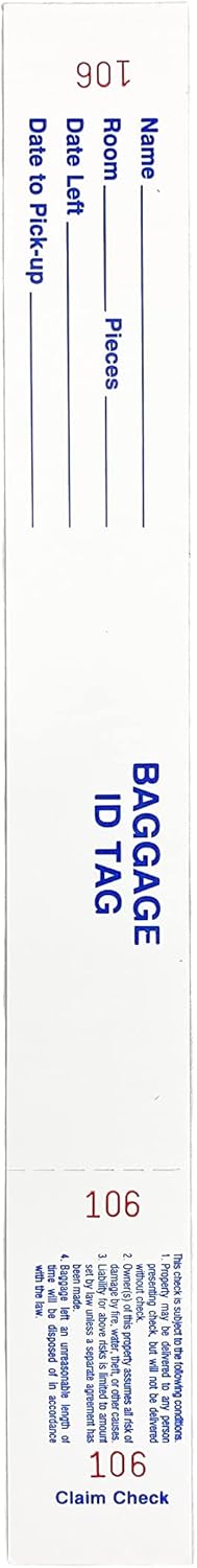 FrontDesk Supply Hotel Luggage Claim Tag with Transfer Tape, Serial Numbering, and Perforated Claim Ticket – Blank White Disposable Bag Tags for Hotel and Motel Bag Storage (Set of 1000)