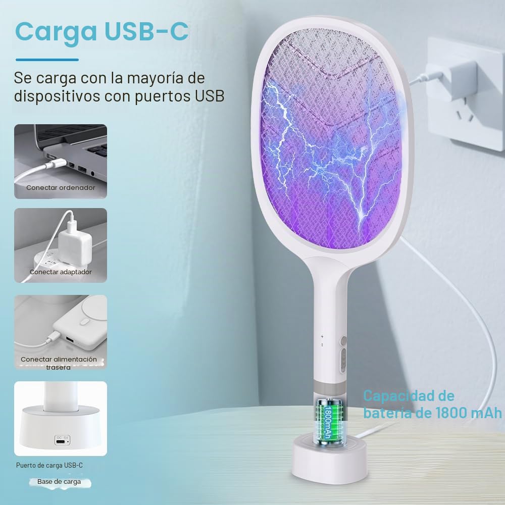 Raqueta Matamoscas Electrica (2 uds), 4800V Mata Mosquitos Electrico 2en1 con Base de Carga USB-C, Batería Recargable 1800mAh & LED UV, Raqueta Mosquitos Electrica para Mosquitos Moscas Abejas | Matamoscas eléctrico recargable 2 en 1, matamoscas eléctrico