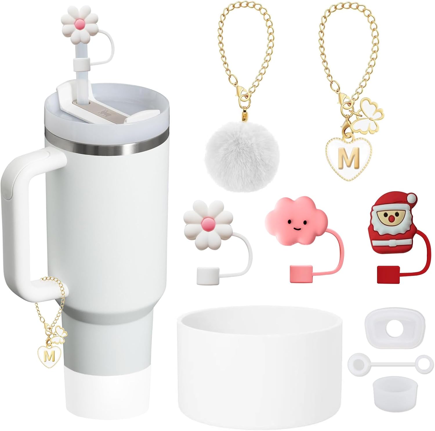 Compatible with Stanley Cup Accessories Set,3 Pcs Silicone Spill Proof Stopper,3 Pcs Straw Cover,1 Pcs Siliocne Cup Boot,2 Pcs Charms for Stanley Cup 40oz & 30oz Tumbler (White)