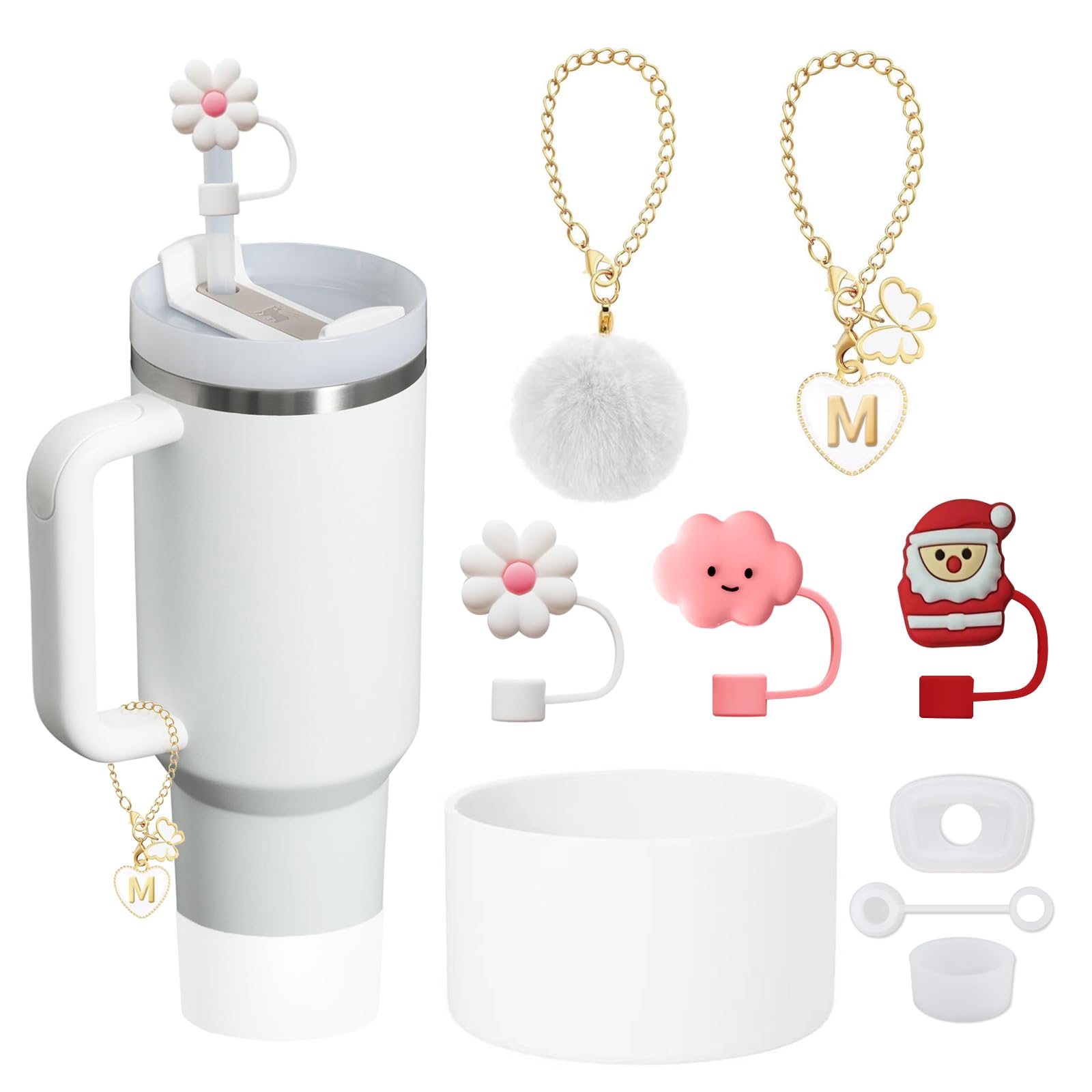 Compatible with Stanley Cup Accessories Set,3 Pcs Silicone Spill Proof Stopper,3 Pcs Straw Cover,1 Pcs Siliocne Cup Boot,2 Pcs Charms for Stanley Cup 40oz & 30oz Tumbler (White)