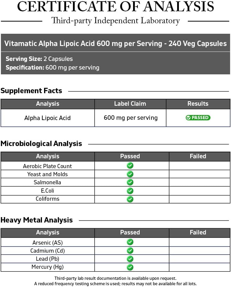 Vitamatic Alpha Lipoic Acid (ALA) 600mg Per Serving - 240 Vegetable Capsules - 120 Servings - Non-GMO & Gluten Free-2 Pack