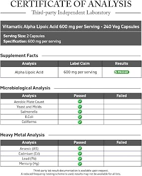 Vitamatic Alpha Lipoic Acid (ALA) 600mg Per Serving - 240 Vegetable Capsules - 120 Servings - Non-GMO & Gluten Free