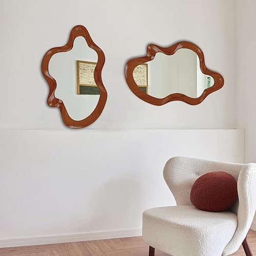 Miniatura 3 de osemy Espejo de pared irregular de 36 x 24 pulgadas, espejo de pared enmarcado de madera, espejo ondulado de pared asimétrico para sala de estar,