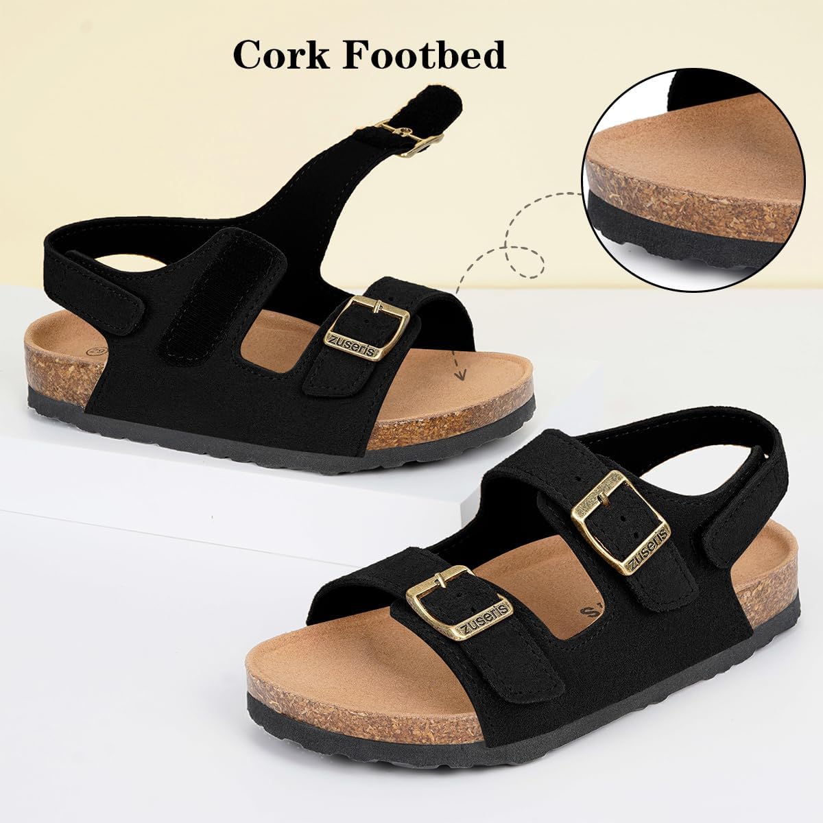 ZUSERIS Kids Toddler Sandals Boys Girls Cork Footbed Sandal Comfort Double Buckle Slip On Slippers with Adjustable Back Strap - Image 6
