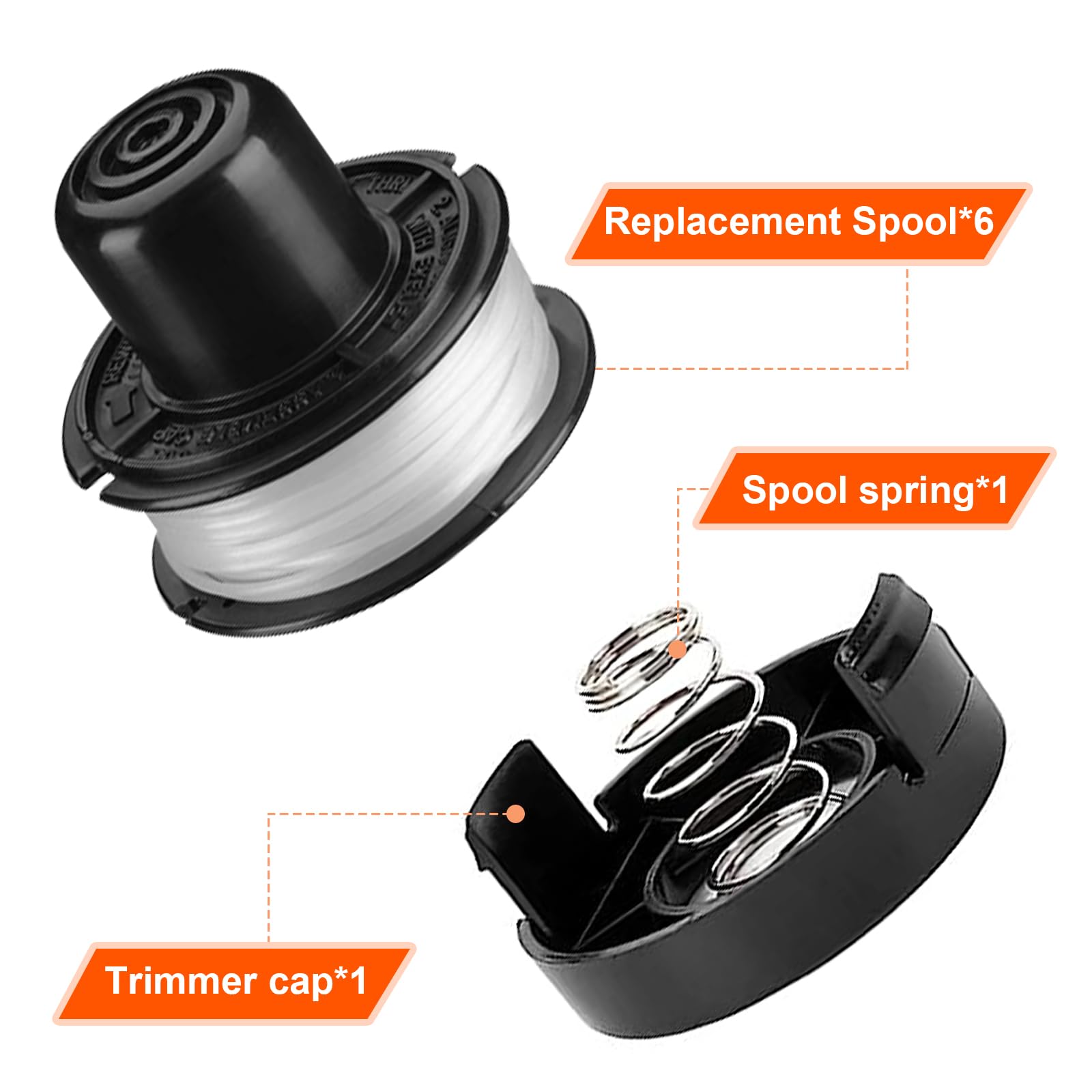 RS-136 kompatibel mit ST1000, ST4000, ST4500, GE600, CST800, ST6800, Ersatz für Black Decker Unkrautfresser, Ersatzteile, Auto-Feed Spule, Rasentrimmerfaden 6 m (6 Spule + 1 Kappe + 1 Feder)