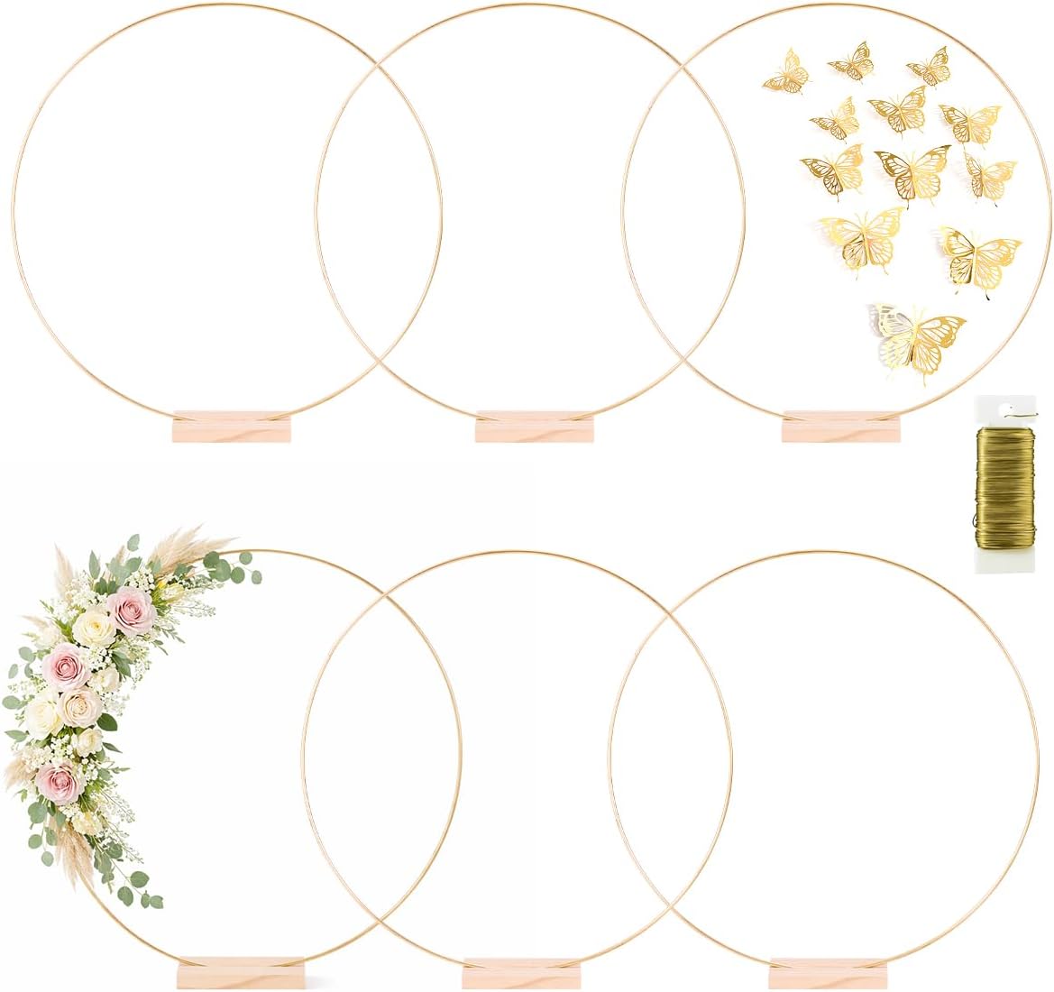 6 Pack Floral Hoop with Stand and 38-Yard Paddle Wire 22 Inch Metal Rings for DIY Centerpiece Table Decorations Crafts Macrame Rings Hoop Wreath Dream Catcher Rings Wedding Christmas Wreaths, Gold