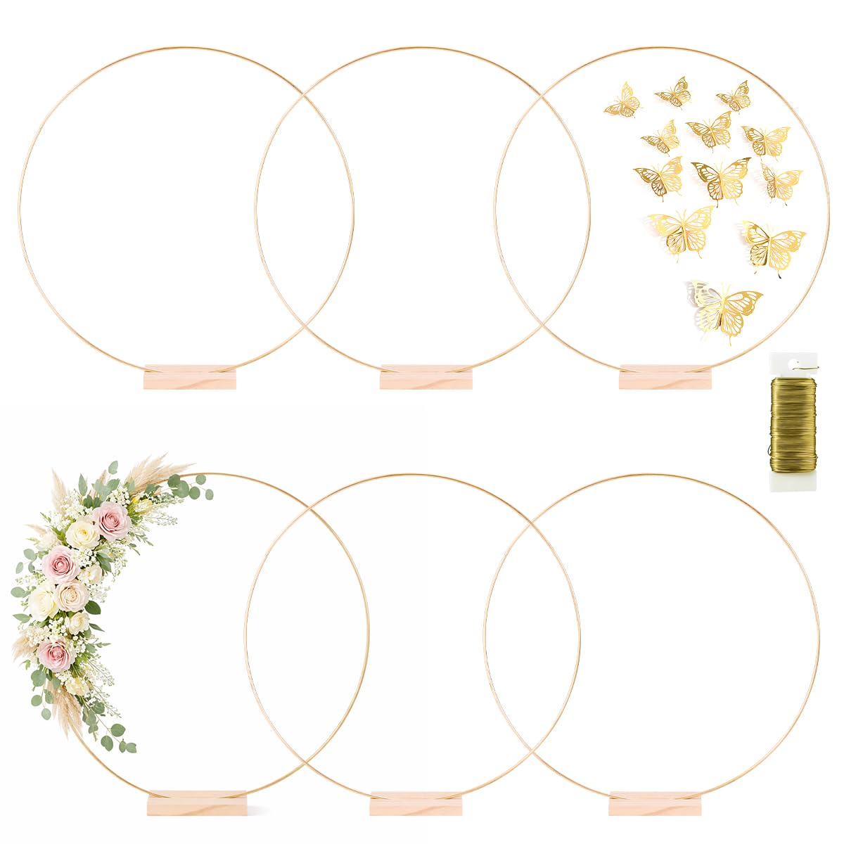 6 Pack Floral Hoop with Stand and 38-Yard Paddle Wire 22 Inch Metal Rings for DIY Centerpiece Table Decorations Crafts Macrame Rings Hoop Wreath Dream