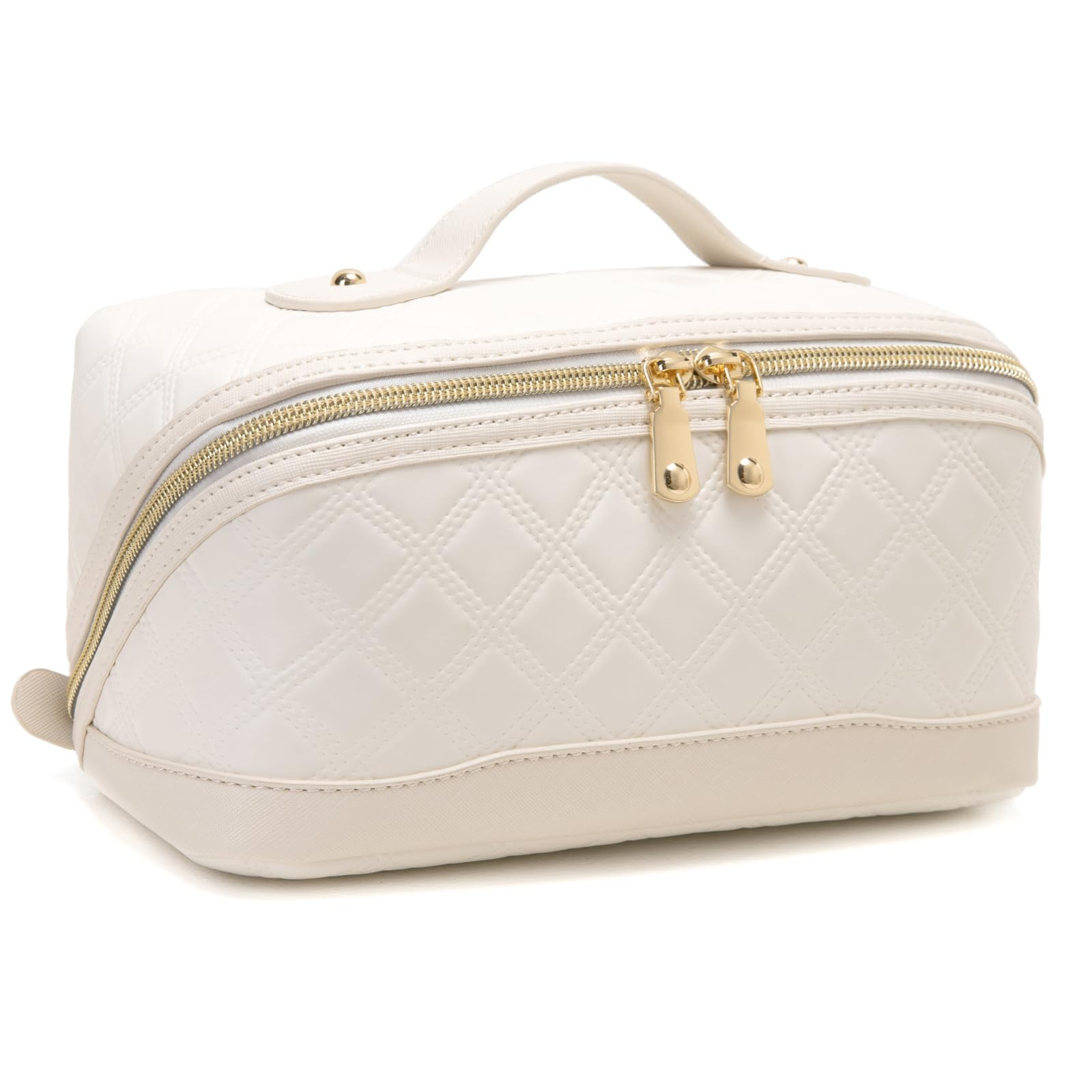 Bolsa de maquillaje de viaje, bolsa de cosméticos de gran capacidad para mujer, piel sintética, a cuadros, bolsa de aseo plana abi