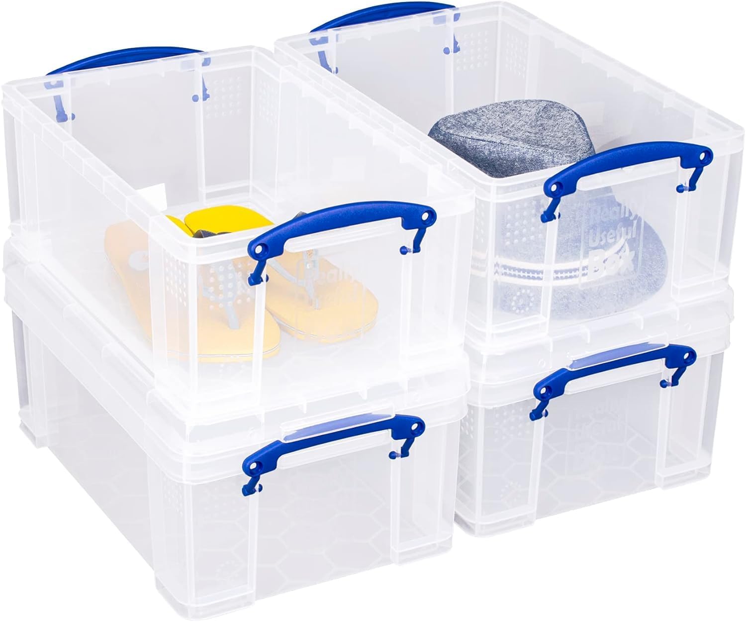 Lot de 4 boîtes très utiles, 9 l, 395 x 255 x 155 mm, pour 24 DVDs/papier A4, transparentes