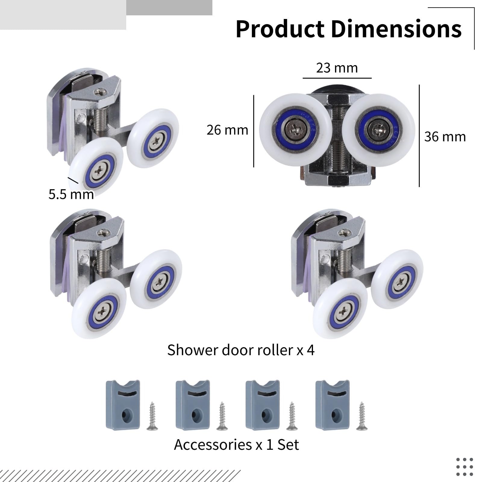 4 Stk. Duschtürrollen, Ersatzrollen für Schiebetüren, 26 mm Doppelrollen oben und unten mit Schrauben, Laufrollen und Rollen für Glastüren 6 bis 8 mm, aus Metall und Nylon