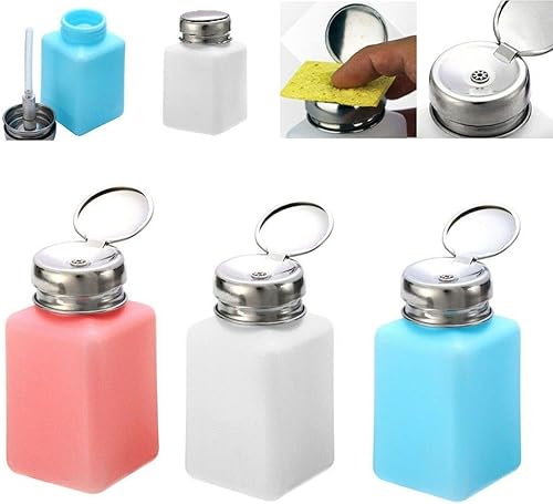 VizGiz Paquete de 3 dispensadores de alcohol de 6.8 fl oz (6.7 oz) de presión líquida de empuje hacia abajo, bomba vacía, botella de manicura y