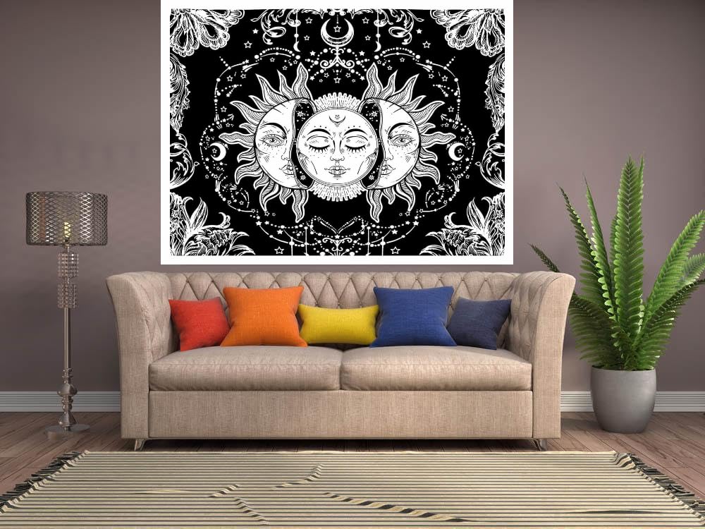 Celestial Wall Art Decoration 30’’x 40’’ Poster 100% Cotton Hippie Boohoo Style Hanging Tapestry Canvas Throw Living Room Kitchen Office Décor Black And White (Black and White, Celestial Sun)