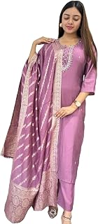 GoSriKi Women's Rayon Blend Embroidered Straight Kurta with Pant & Dupatta Price In India