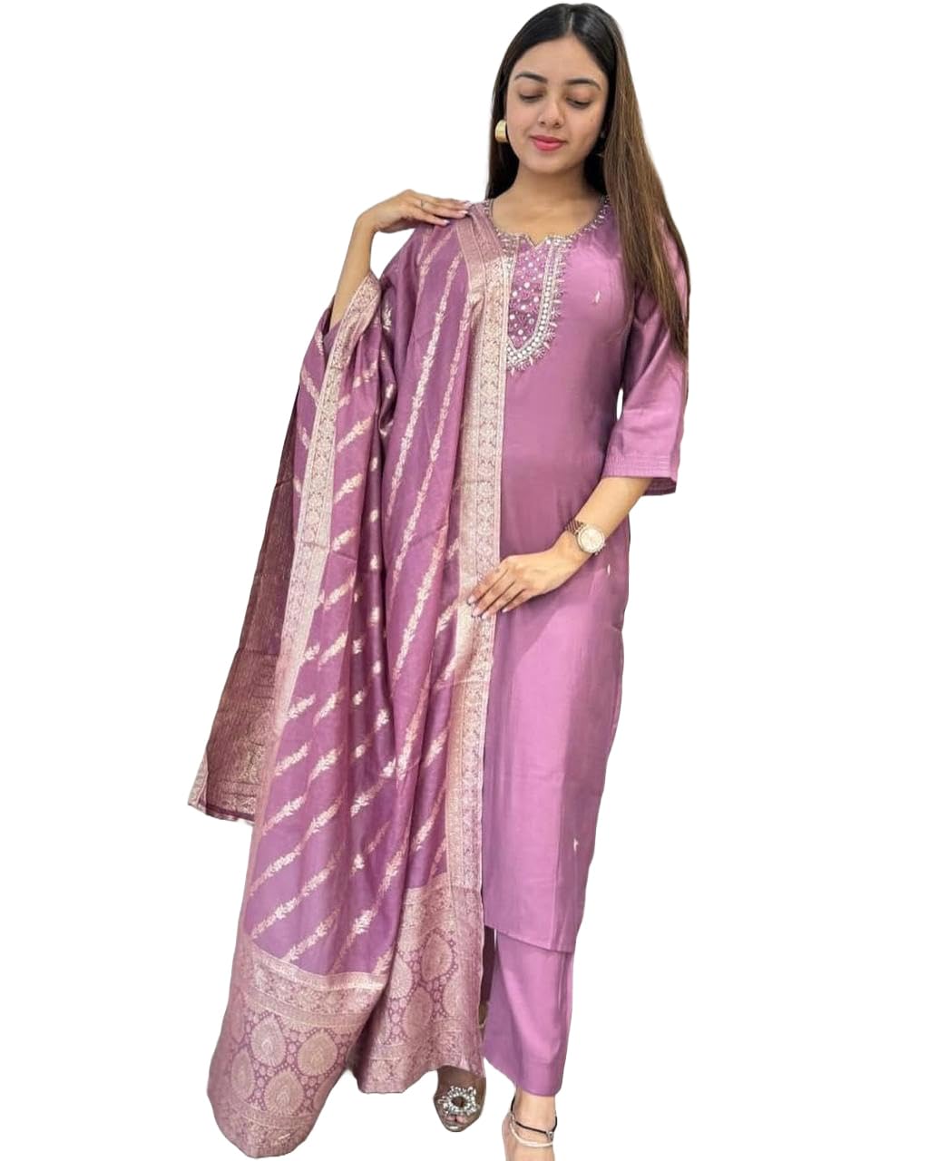 GoSriKi Women’s Rayon Blend Embroidered Straight Kurta with Pant & Dupatta