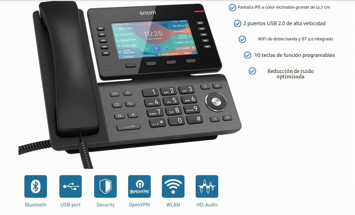 Snom D865 TeléFono Fijo IP Snom - Pantalla Color 5" Inclinable, WiFi, Bluetooth, 10 Teclas Programables - TeléFono Inalámbrico Casa Profesional con Audio HD Y Diseño Elegante