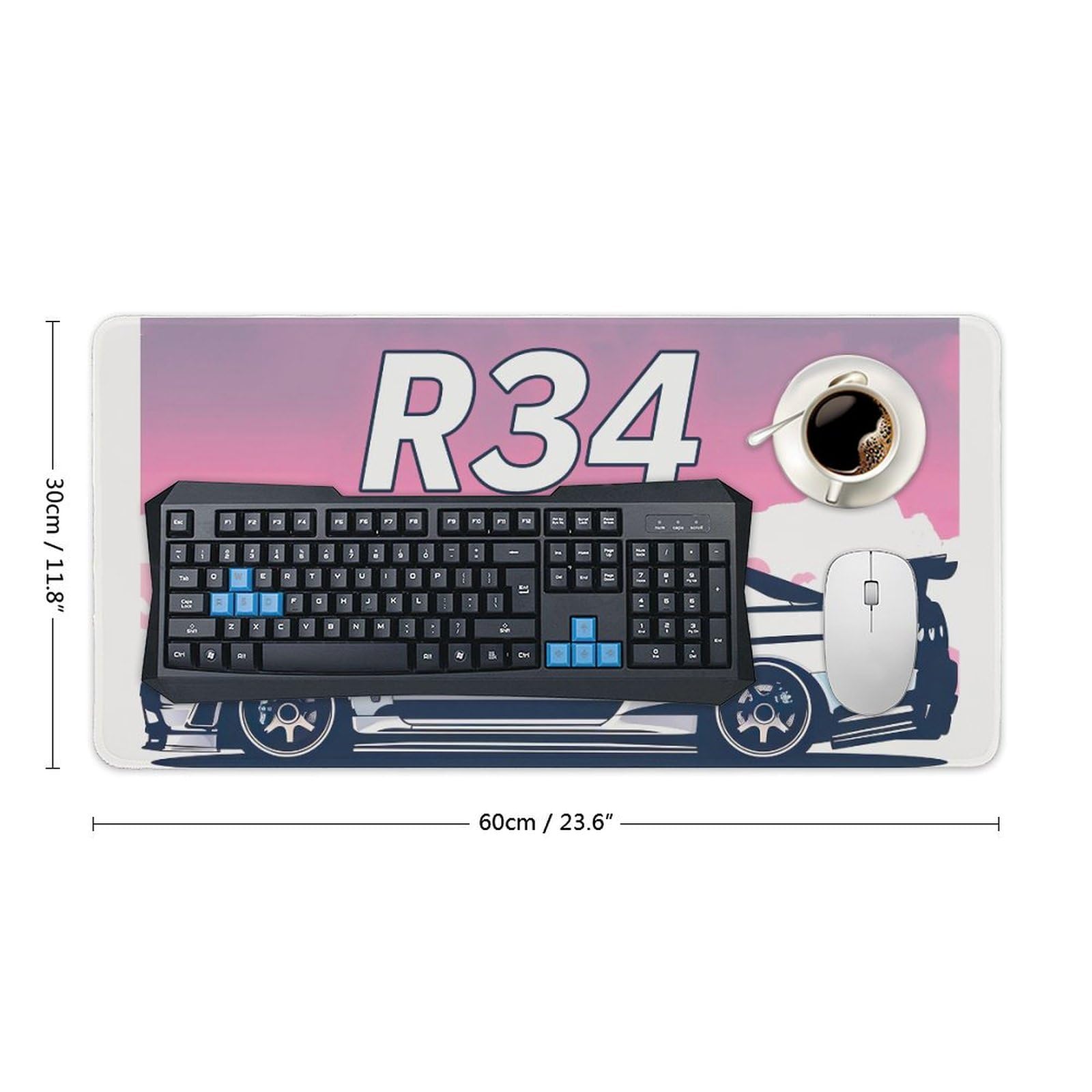 QEOPGNE Car Large Mouse Pad Gaming Mousepad R34 Pink Minimalist Aesthetic JDM Car Desk Mat For Keyboard And Mouse Mat Non-Slip Rubber Desk Pad 30x60cm
