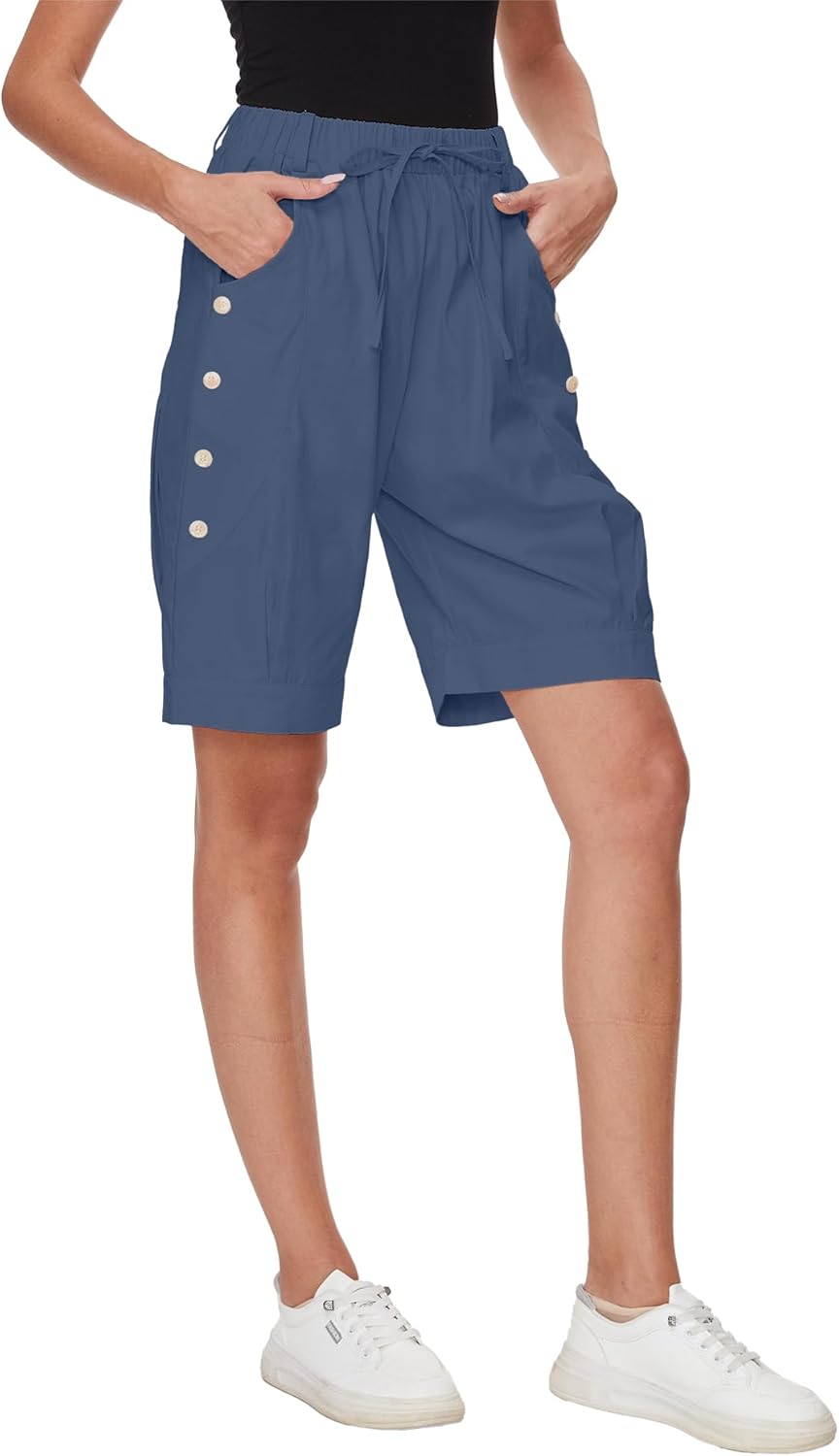 Womens Casual Shorts High Waist Bermuda Drawstring Summer Beach Loose Capris Wide Leg Comfy Dressy Pant with Pockets