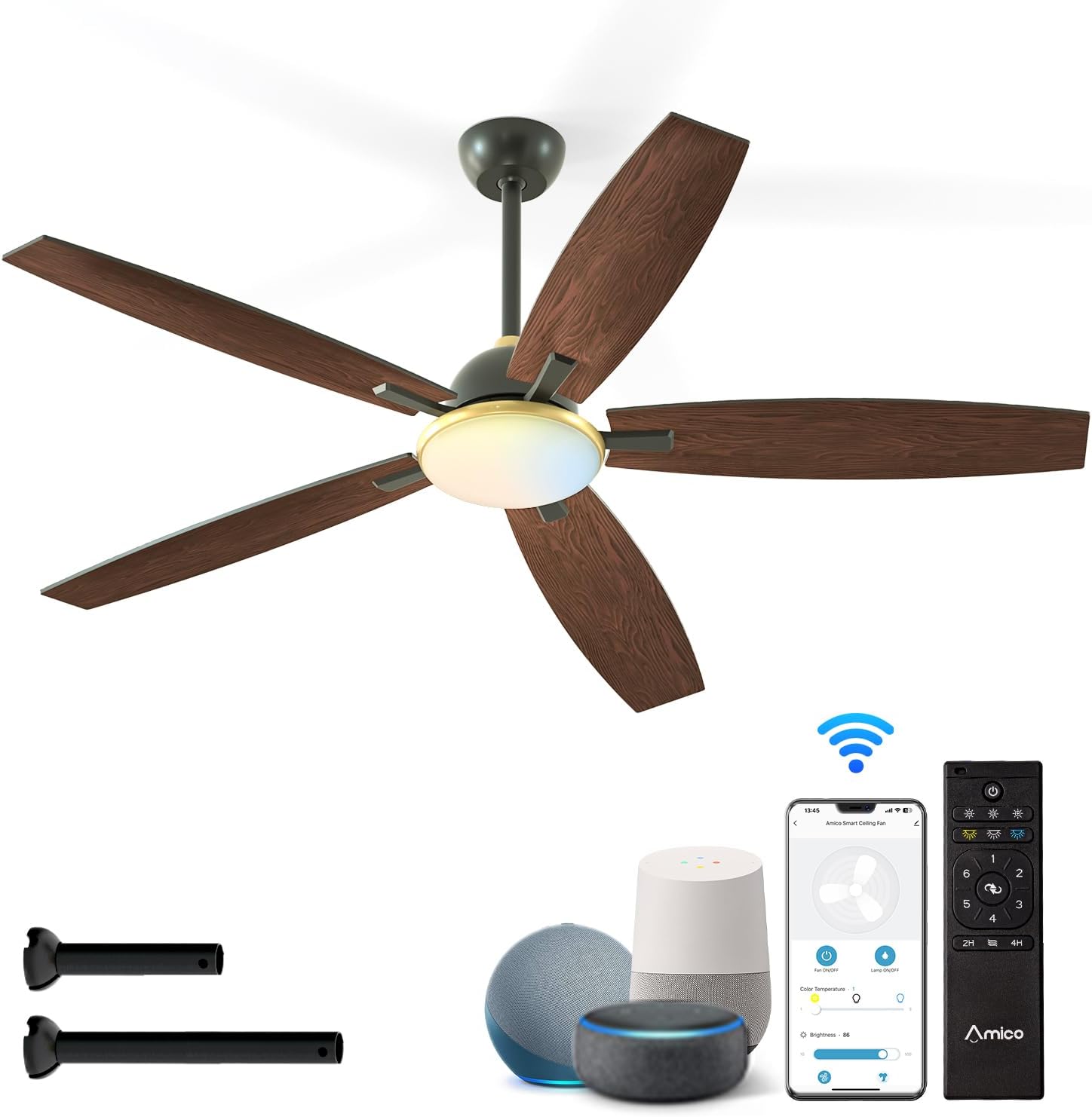 Amico 60 Inch Smart Ceiling Fan with Lights, showing the fan, remote, smart speakers, and mobile app interface.