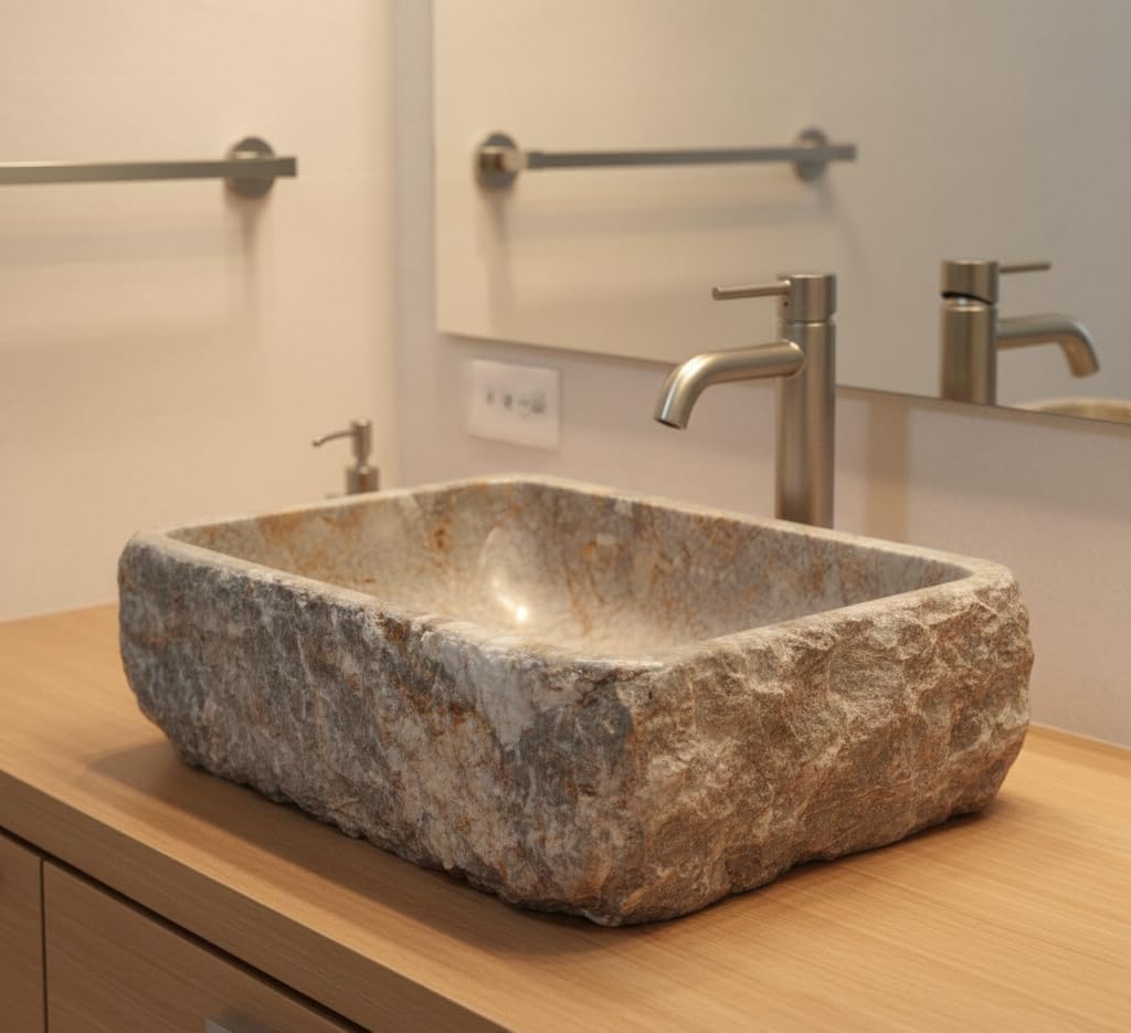 Hand-Carved from Solid Marble Vessel Sink – Rectangular Stone Sink with Raw Chiseled Exterior & Smooth Polished Interior, Gray with Natural Gold Veining (20” x 14” x 5.5”)