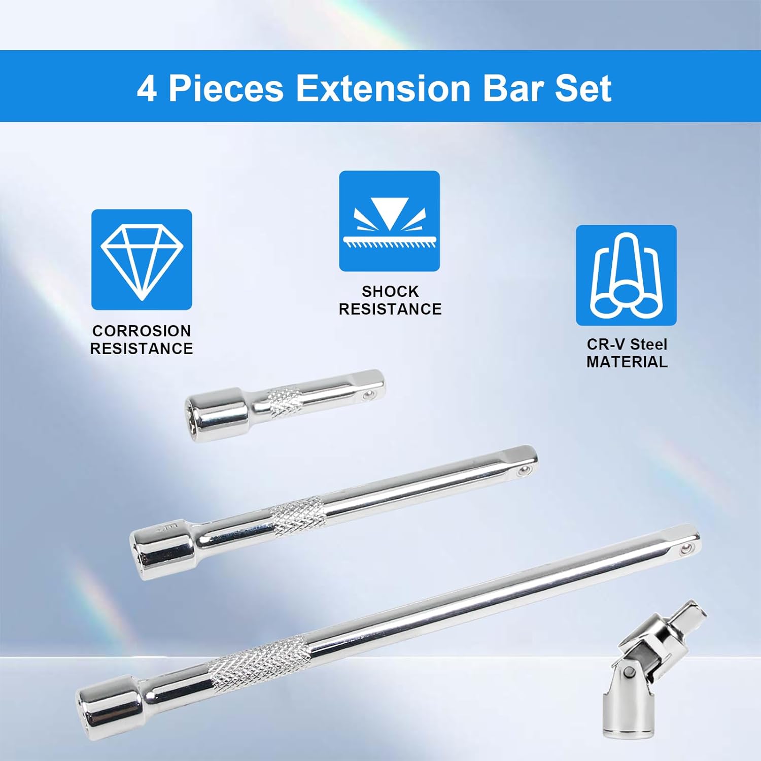 1/4 Inch Drive Extension Bar Set, Socket Extension Set Include 2, 4, and 6 Inch Extensions and 1/4 Inch Drive Universal Joint Sockets, 4 Piece Set
