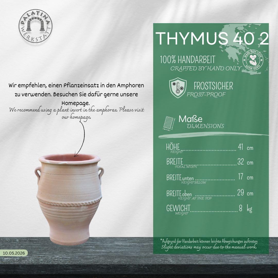 Palatina Werkstatt Anfora Thymus2 de terracota, 40 cm, 100% hecha a mano, única, exclusiva para el invierno para el jardín y el interior