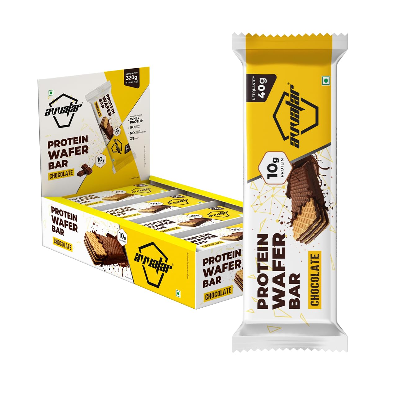 avvatar PROTEIN WAFER BAR | 10g Protein | Pack of (8 x 40g each) | Chocolate Flavour | 2g Fiber | No Added Sugar | No Preservatives