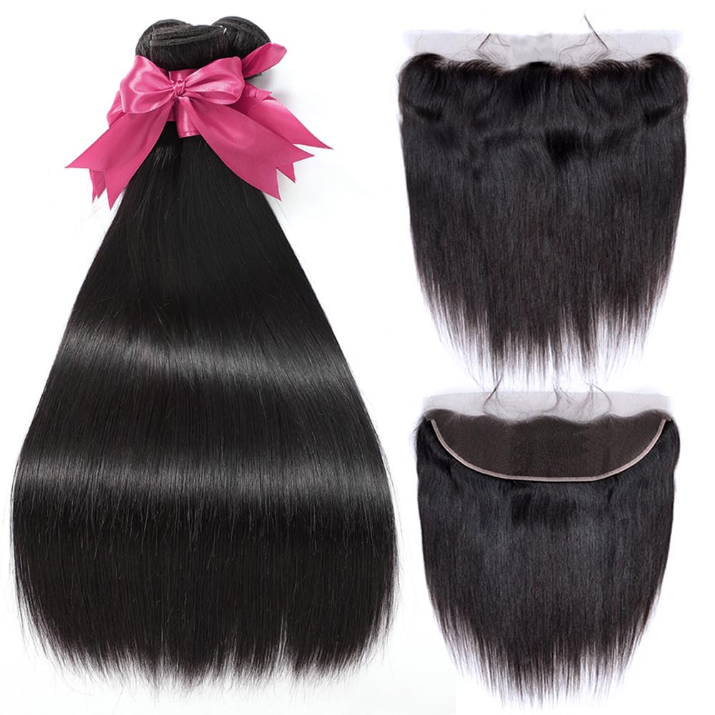 Amazon.com : 12A Straight Bundles with Frontal Human Hair 14  display picture 2