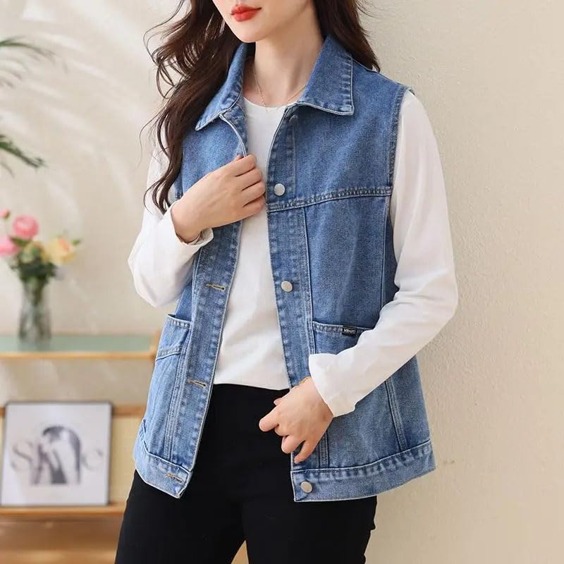 REHJJDFD Women's Casual Denim Vest Middle-Aged Mother Waistcoat Tops3