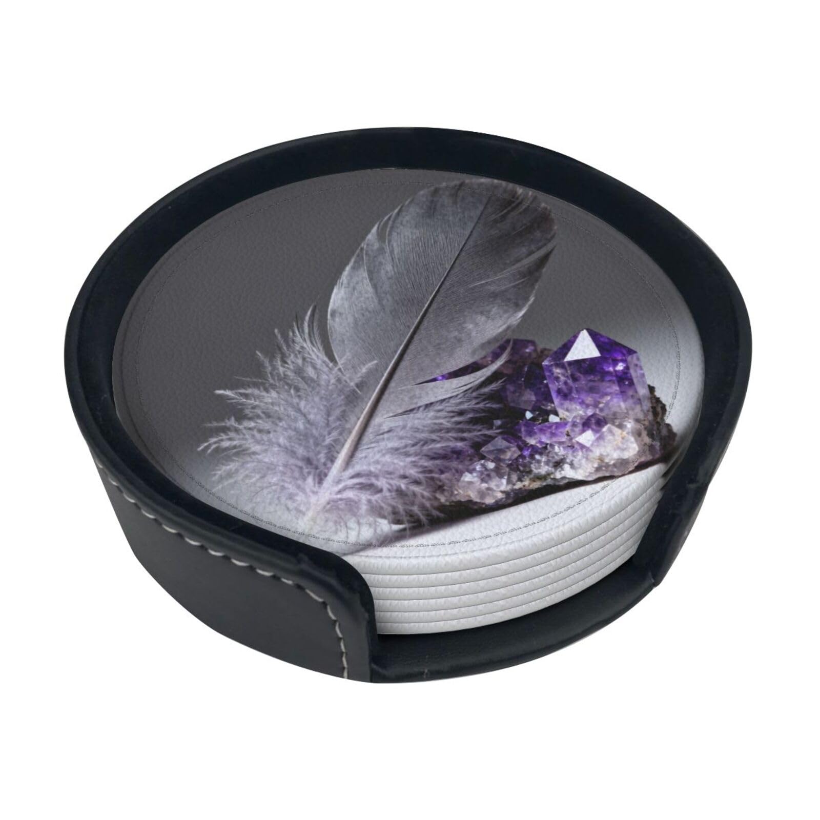 Cntdbu White Feather Crystal Cluster Leather Coasters Set Of 6-Pu Leather Drink Mats For Table, Heat Resistant Round Coasters With Holder
