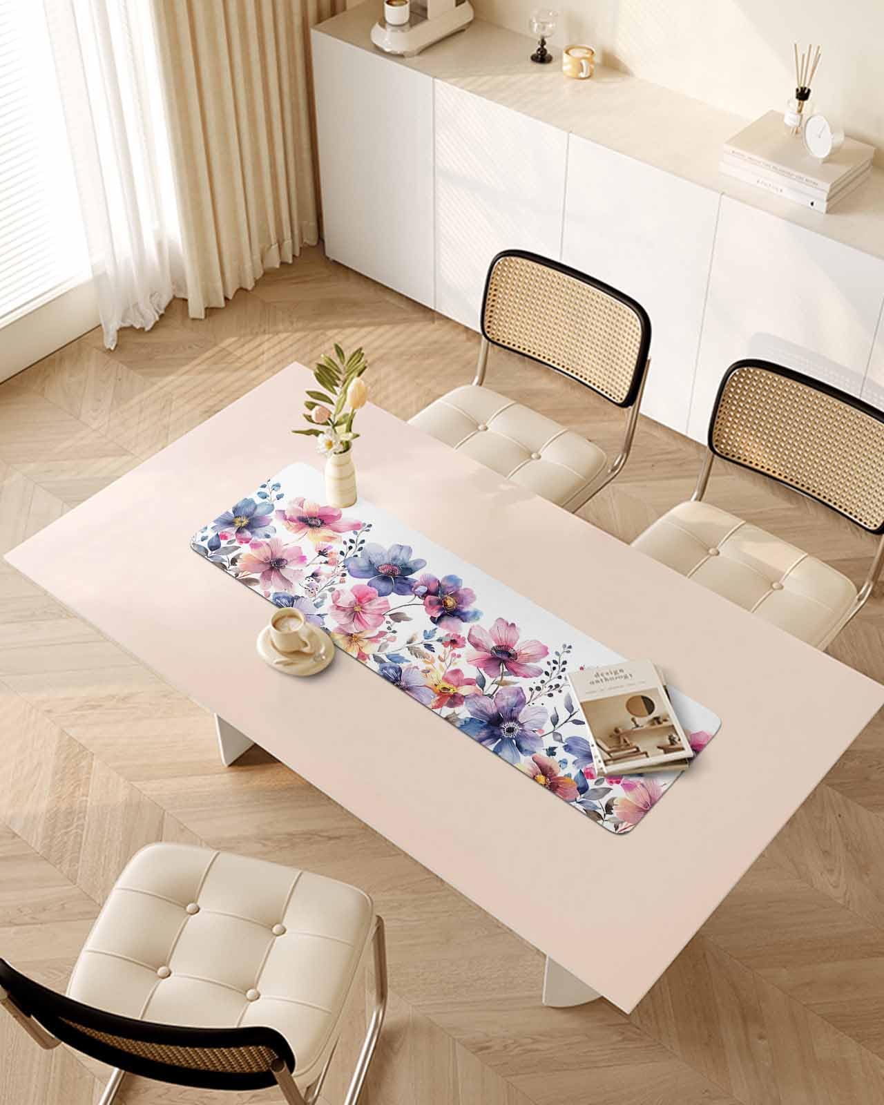 Debedcor Heat Proof Table Pads Waterproof Decorative, Farmhouse Floral Non-Slip Table Countertop Protector, Spring Pink Purple Flowers Insulation Mat for Dining Room, 48 x 12 Inches