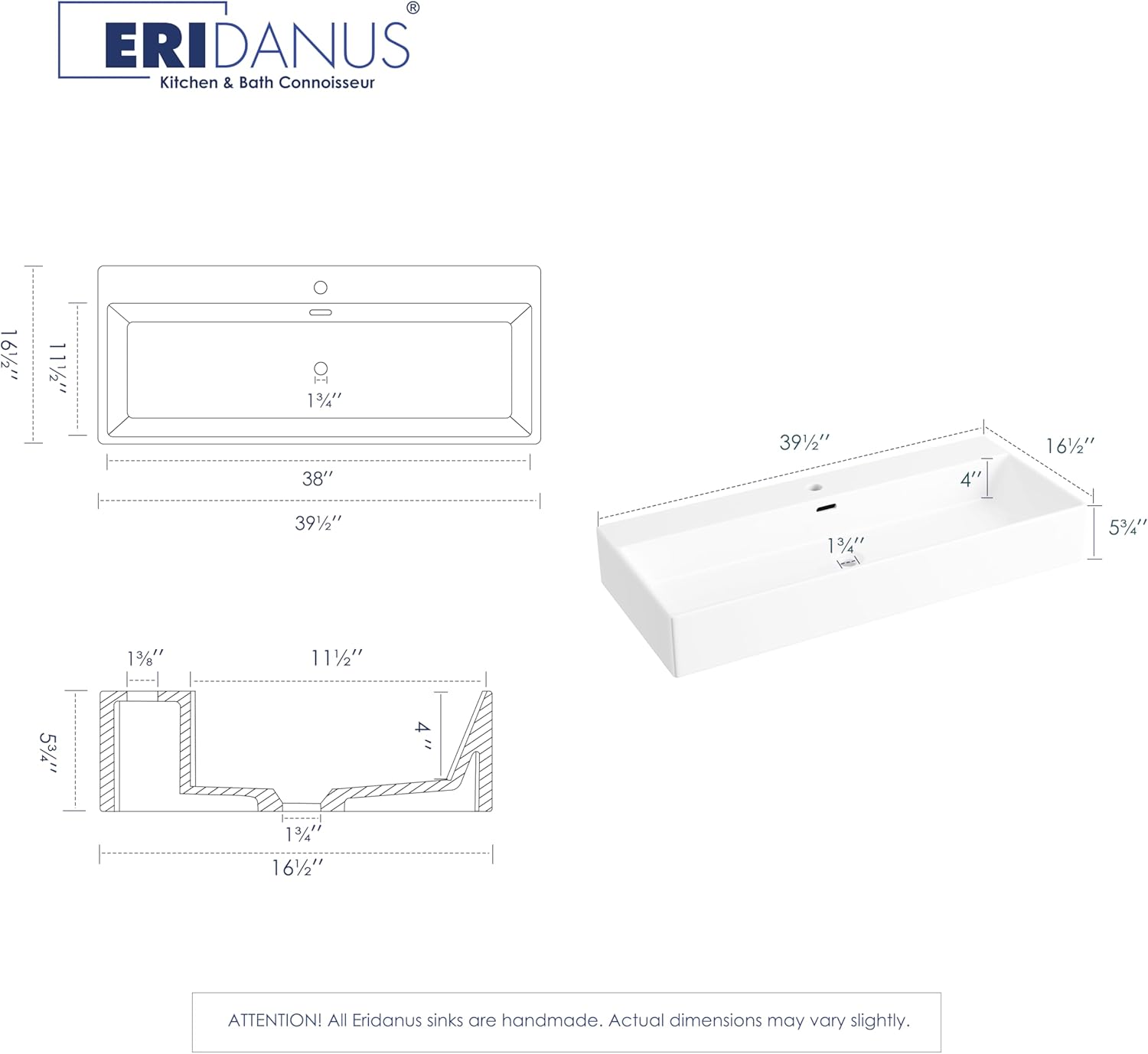Detailed dimensions diagram for the Eridanus Bathroom Sink