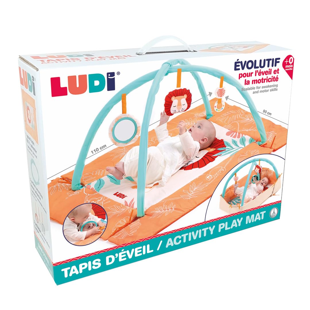 Ludi - Tapis Lion - Tapis Éveil Bébé - Moelleux Et Doux - Dès La Naissance - Développe Motricité, Dextérité Et Acuité Visuelle - Tapis, 2 Arches Amovibles Et 3 Activités Suspendues - 110 x 48 x 90 cm