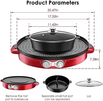 Electric Grill Indoor 2200W 2 in 1 Electric Smokeless Grill And Hot Pot, Easy To Clean BBQ & Shabu Shabu with Independent Temperature Control, 3.6L Large Capacity for Gatherings