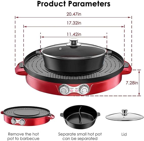 Electric Grill Indoor 2200W 2 in 1 Electric Smokeless Grill And Hot Pot, Easy To Clean BBQ & Shabu Shabu with Independent Temperature Control, 3.6L Large Capacity for Gatherings