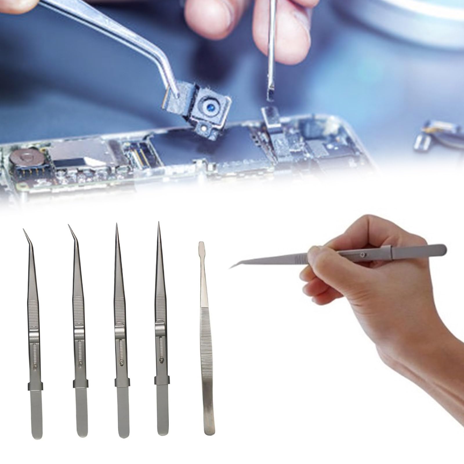 Juego de 5 pinzas de precisión de acero antiestático para electrónica, joyería, manualidades, herramientas de construcción de modelos