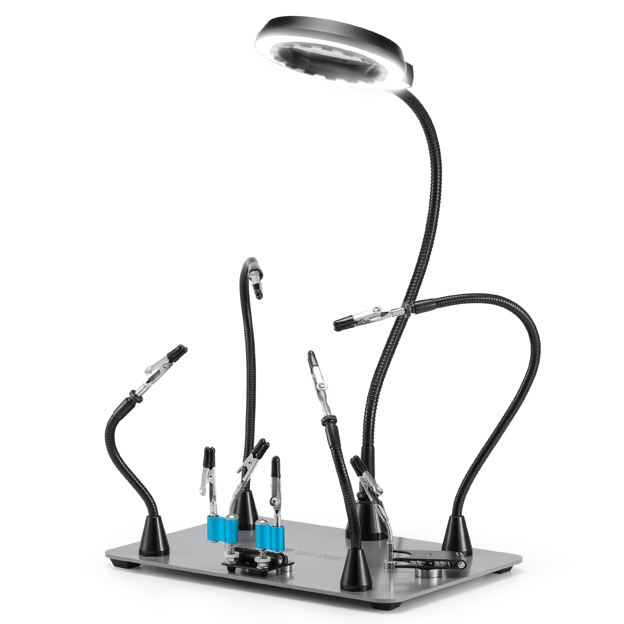Sainsmart Supporto per saldatura PCBH v2, Stazione di saldatura magnetica, nuovo saldatore e mini porta clip, ingrandimento 5x LED integrato, 6 bracci a collo d'oca regolabili
