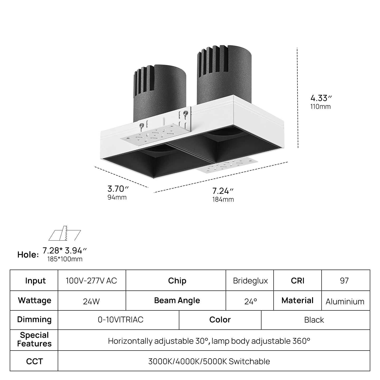 SCON 24W LED Recessed Trimless Dimmable Square Spotlight,Rotation and Adjustable Downlight,3000K/4000K/5000K Switchable Canless Recessed Light,with UL Certified Driver.(Black/24°/CRI97/TRAIC/0-10V)