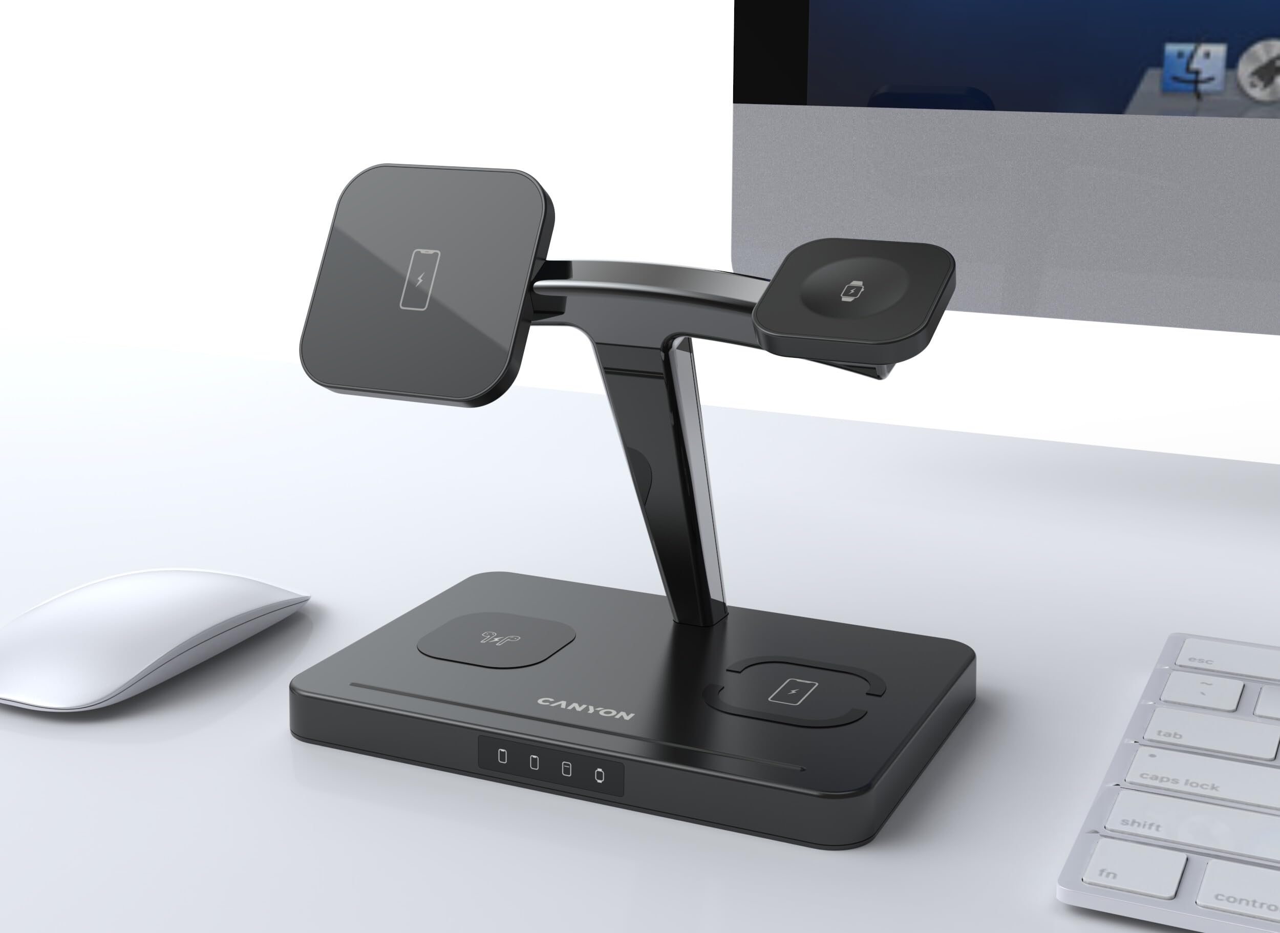 CANYON WS-404 - Stazione di ricarica wireless 4 in 1, 15 W, caricatore rapido per 2 smartphone, Apple Watch e auricolari Qi, modulo di ricarica magnetico, design a supporto, adattatore QC36W incluso