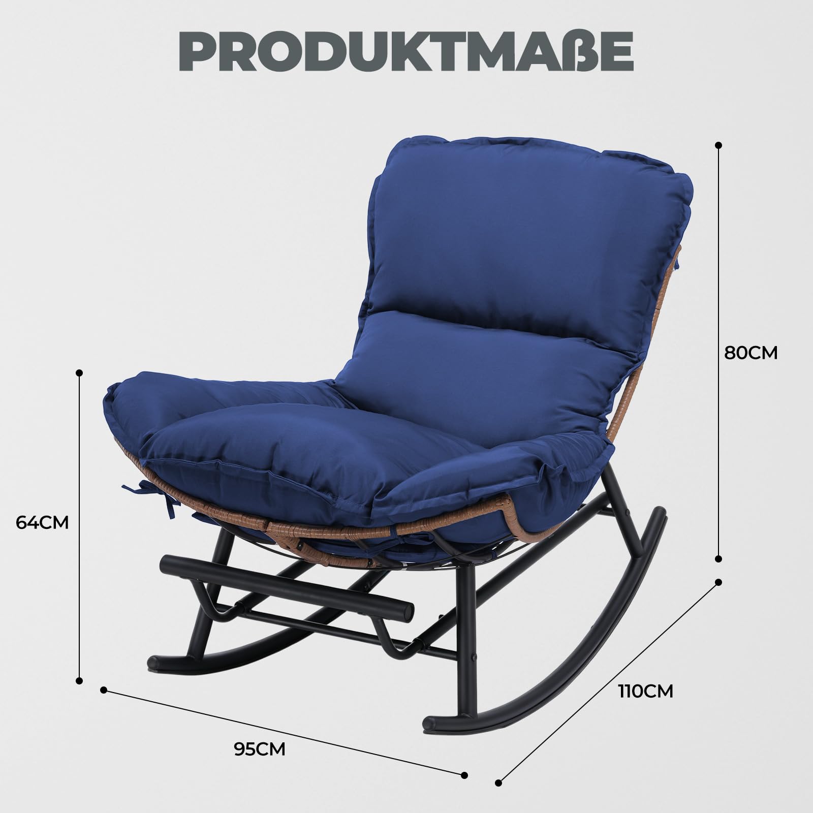 COMHOMA Schaukelstuhl, Schaukelsessel, Relaxsessel, Stahlgestell, ausziehbare Fußstütze, abnehmbares Kissen, bis 136 kg belastbar, Schlaf-, Wohnzimmer, Terrasse, Garten, blau