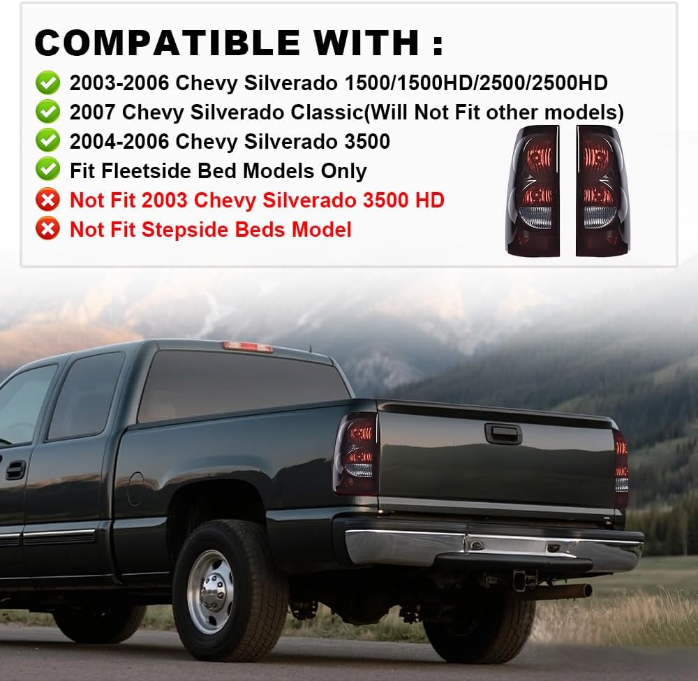 G-PLUS LED DRL Headlights Assembly + Tail Lights Fit Chevy Silverado 1500 1500 HD 2500 2500 HD 2003-2006, Smoky Lens Black Housing Clear Reflector Headlamps Assembly Dark Red Taillights