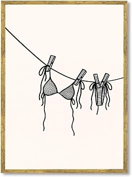Framed Bikini Drying Poster Canvas Print Art Minimalist Aesthetic Wall Art Pictures Wall Decor for Living Room Beach Apartment Home Decor Gold Framed,16L x24W