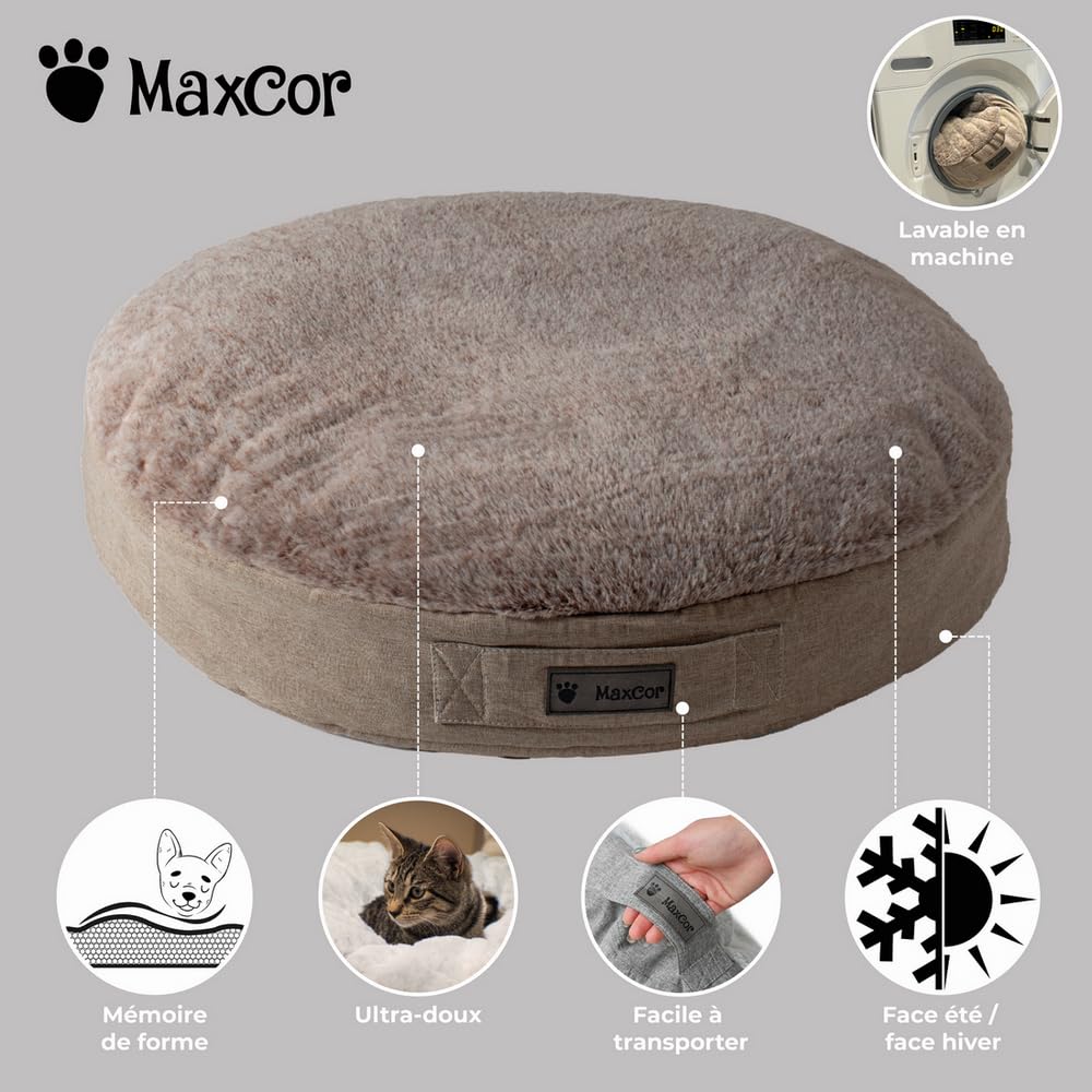 MaxCor Coussin Chien et Chat Rond à Mémoire de Forme Orthopédique - Petit Beige - Soulage et Préserve Les articulations - Réversible Face Hiver, Face été - Ne se déforme Pas et Lavable en Machine