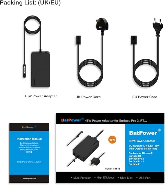 BatPower 12V 3.6A Surface 48W Charger with USB Port