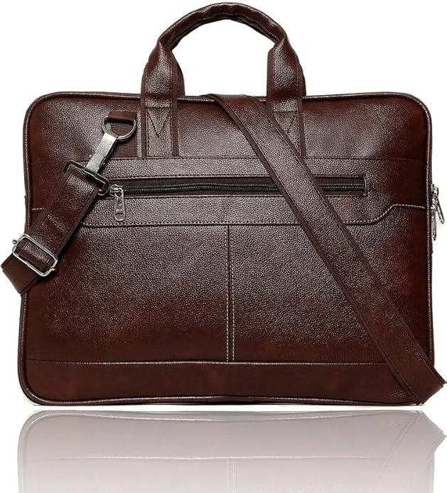 Image of Faux Leather Office Laptop Bag for Men - 15.6 Inch Briefcase Messenger Bag with Shoulder Strap | Professional Business Travel Bag with Front Pocket & Handle