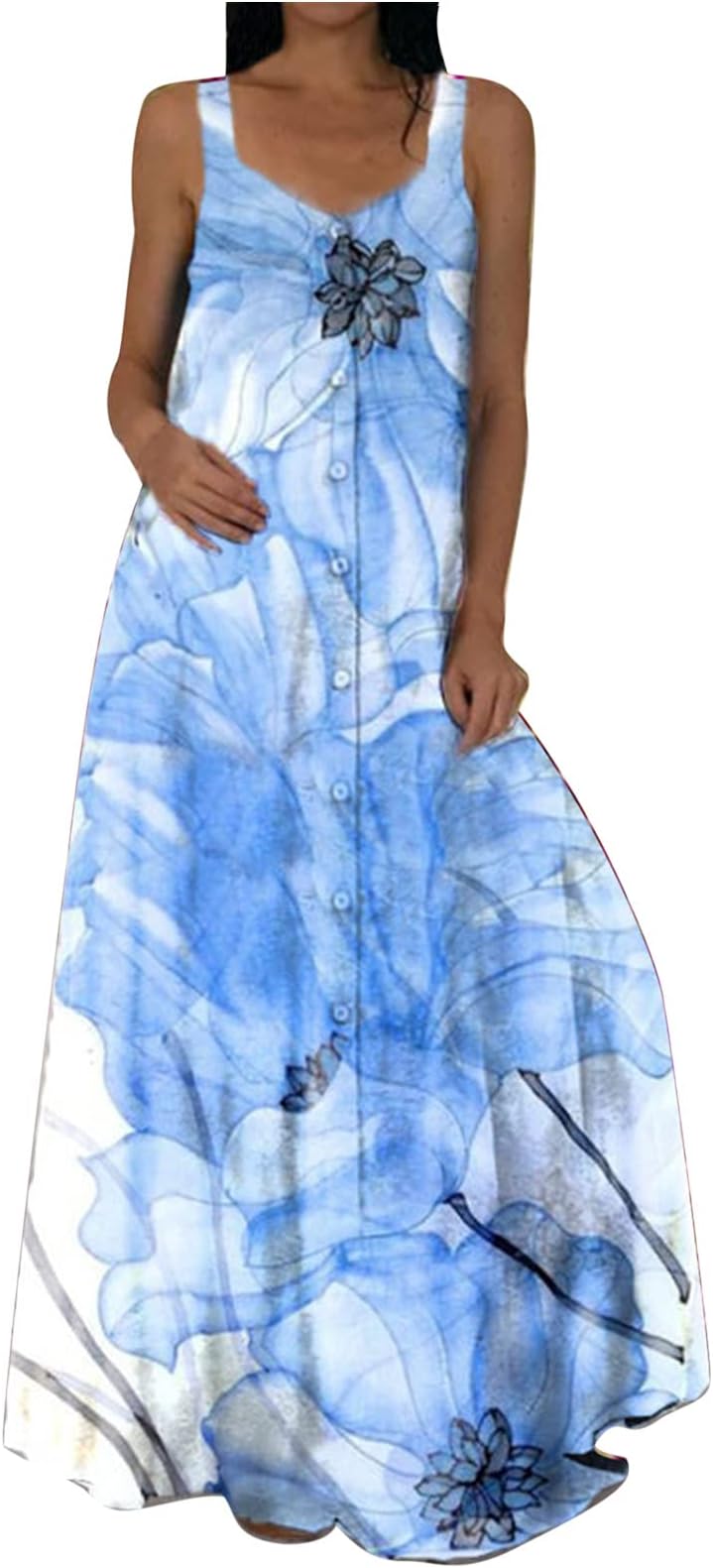 baskuwishDress for Women Casual Summer Square Neck Sleeveless Long Spaghetti Strap Tie Dye Loose Beach Boho Long Dress