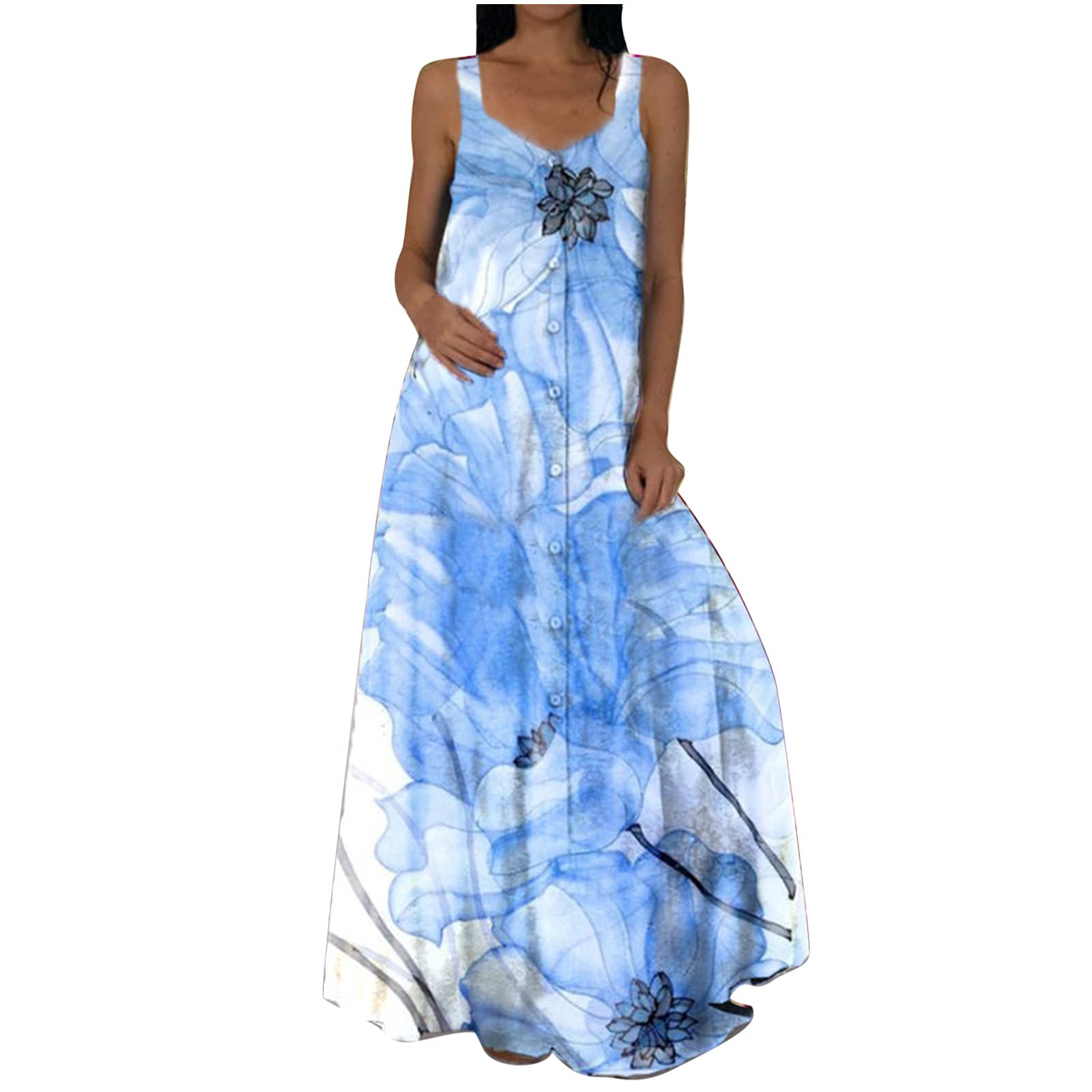 baskuwishDress for Women Casual Summer Square Neck Sleeveless Long Spaghetti Strap Tie Dye Loose Beach Boho Long Dress
