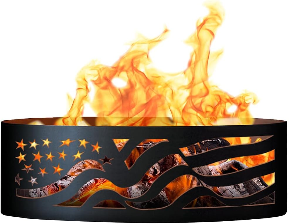 PD Metals AF01260 American Flag Unpainted 12 in. Tall 60 in. Diameter Outdoor Fire Ring - 60 x 60 x 12 in. - Rustic Black Color